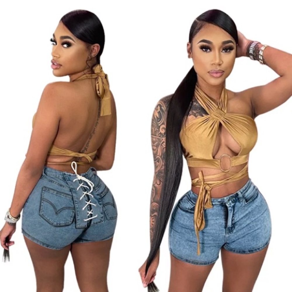 Lace up back denim shorts